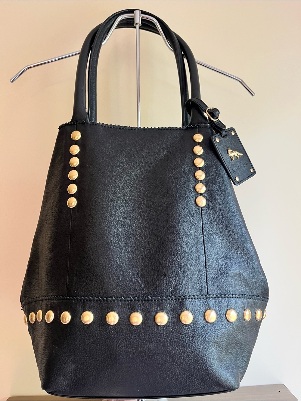 Emma Fox Black Leather Tote with Gold Stud Details